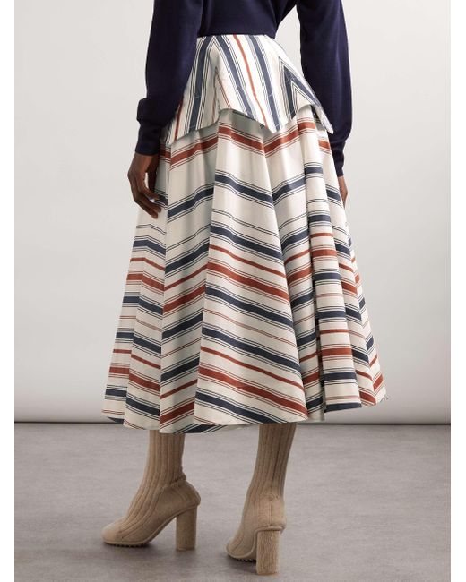 Bottega Veneta Blue Striped Cotton And Linen-Blend Midi Skirt