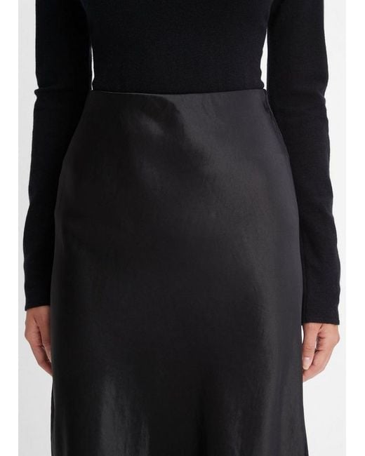 Vince Black Satin-Finish Draped Midi Skirt