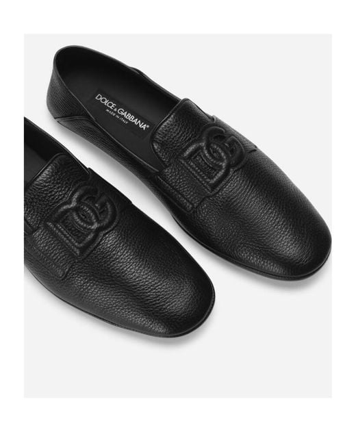 Dolce & Gabbana Black Logo Embossed Round Toe Loafers for men