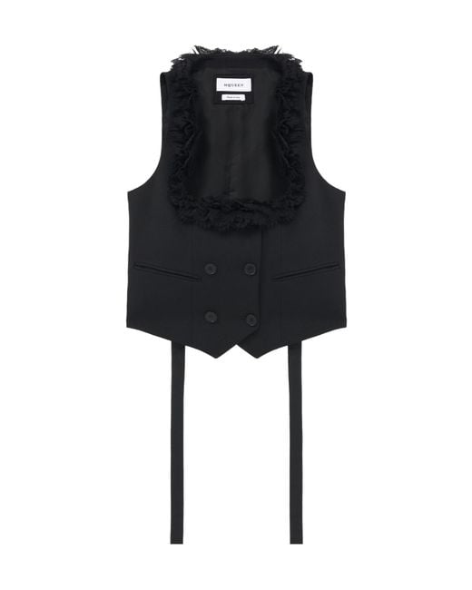 McQueen Black Wool Ruffle Waistcoat