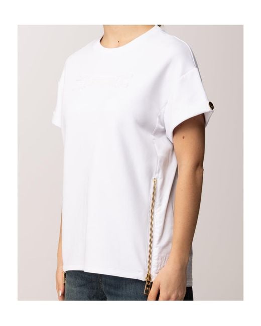 Elisabetta Franchi White Zip Detailed Logo Crewneck T-Shirt