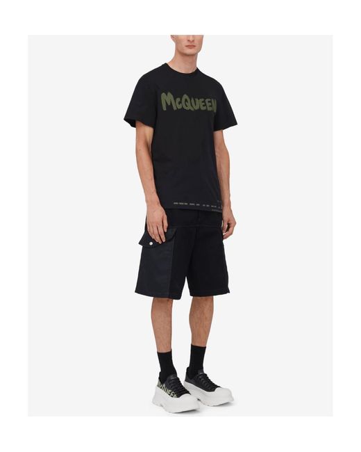 McQueen Black Hybrid Denim Straight Leg Shorts for men
