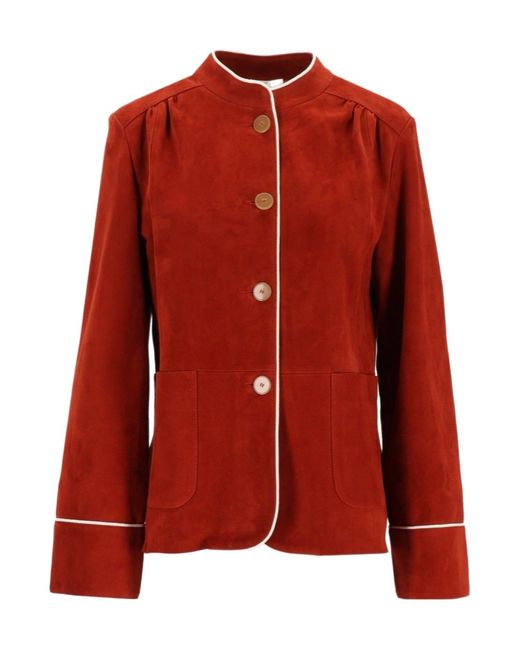 Forte_forte Red Contrast Piped Band Collar Jacket