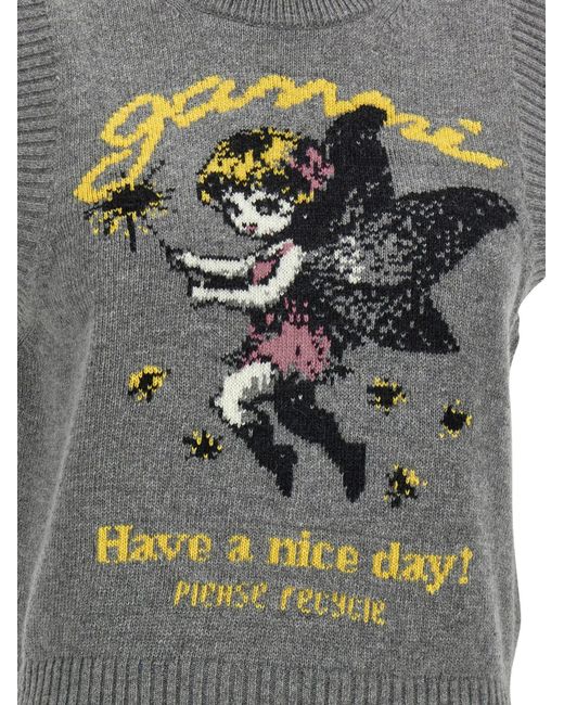 Ganni Gray Graphic Intarsia Knitted Top