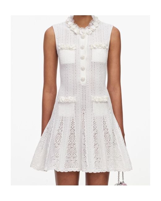 Self-Portrait White Flower Trim Knit Mini Dress