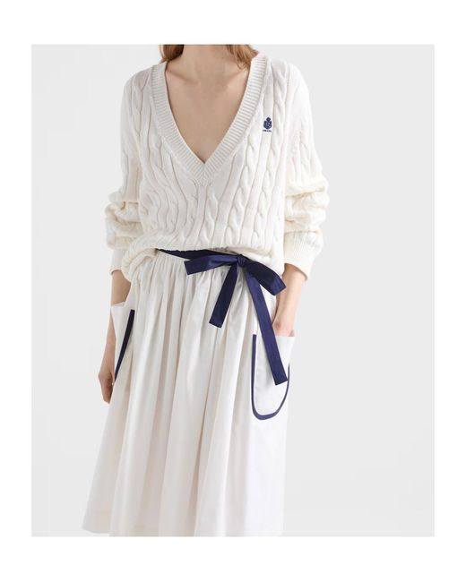 Prada White Cable-Knit V-Neck Knitted Jumper