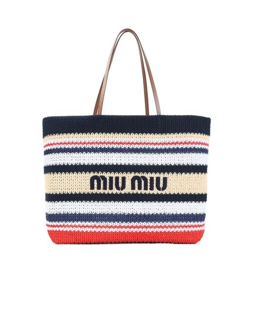 Miu Miu Blue Raffia-Effect Woven Tote Bag