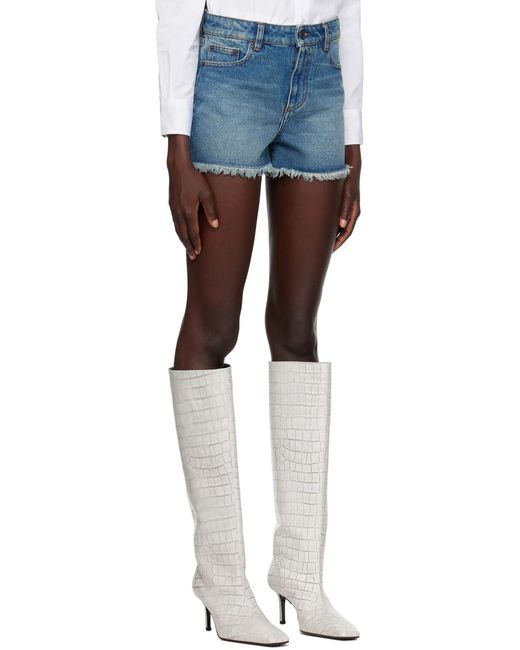 AMI Blue Mid-Rise Frayed Denim Mini Shorts