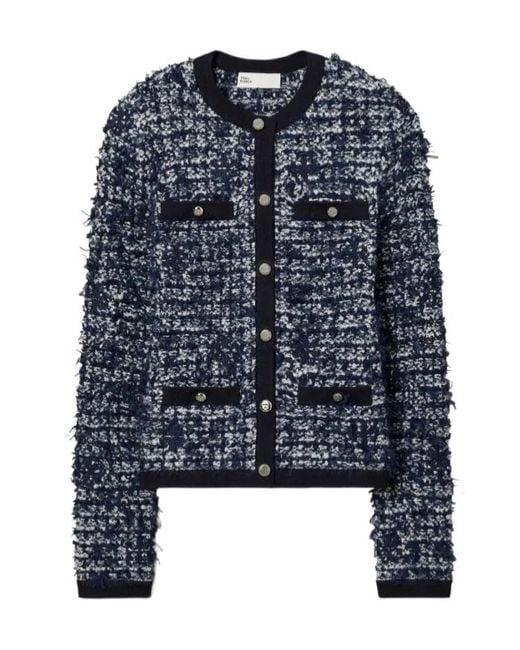 Tory Burch Blue Kendra Tweed Button Cardigan