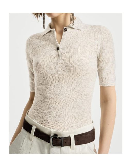 Brunello Cucinelli Natural Silk, Alpaca And Wool Flower-Lace Knit Polo