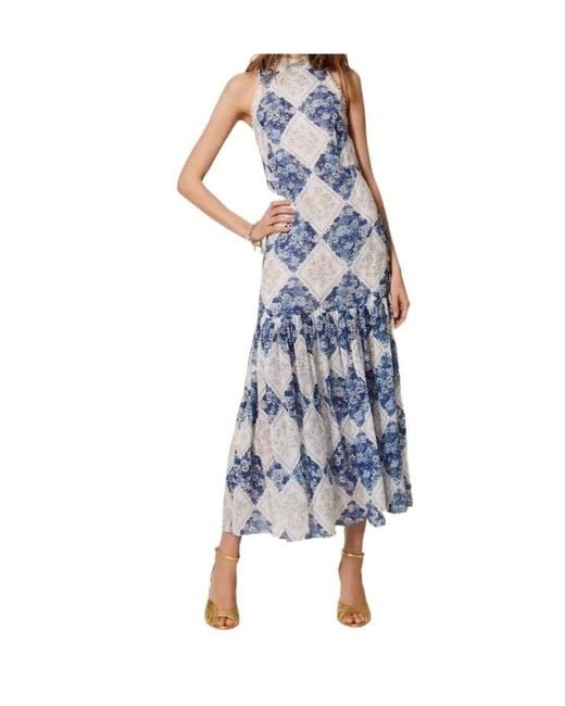 Twinset Blue Floral Print Long Ramie Dress