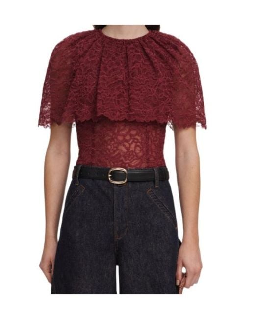 Self-Portrait Red Ruffled Lace-Overlay Top