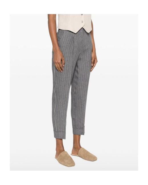 Peserico Gray Pinstripe-Pattern Pleated Trousers