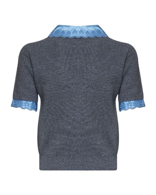 Rabanne Blue Rabanne Satin Collar Short Sleeve Knitted Sweater