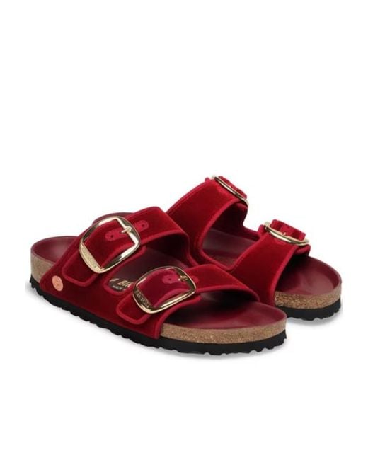 Birkenstock Red Arizona Big Buckle Piping Rivet Logo