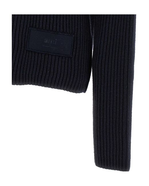 AMI Blue Ami Logo Patch Ribbed Turtleneck Sweater