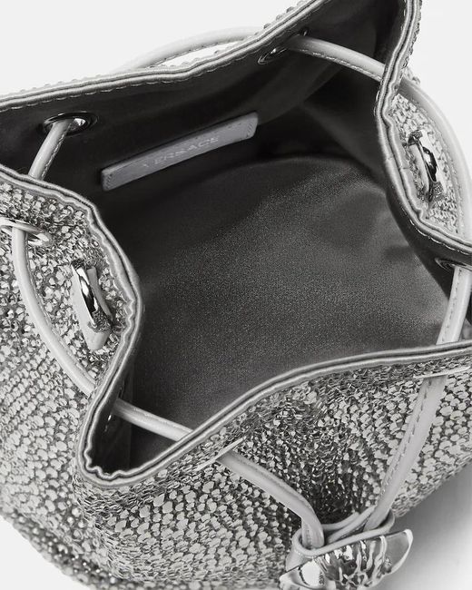 Versace Gray La Medusa Embellished Satin Mini Bucket Bag