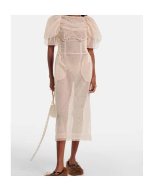 Simone Rocha Natural Embellished Ruched Mesh Midi Dress