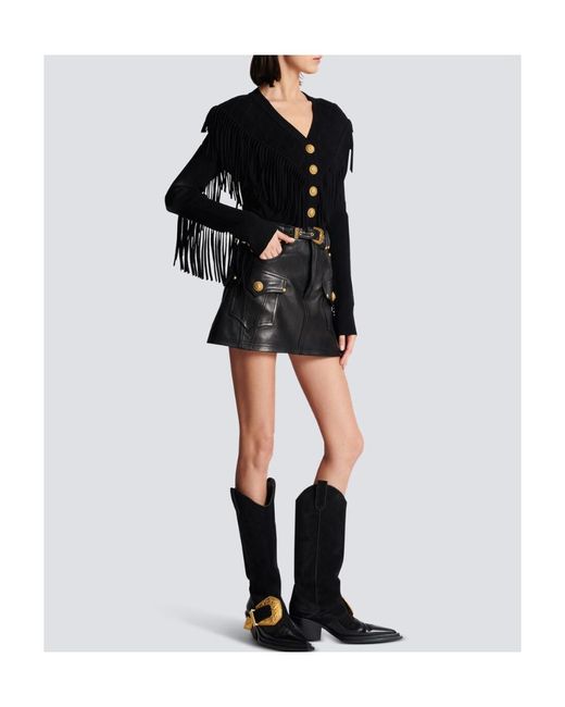Balmain Black Western Leather A-Line Skirt