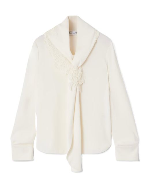 Oscar de la Renta White Tie-Detailed Lace-Trimmed Silk-Blend Georgette Blouse