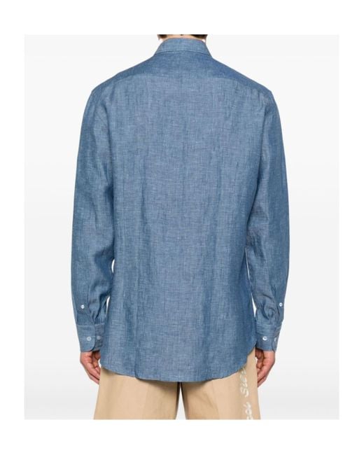 Etro Blue Logo Embroidered Long Sleeved Shirt for men