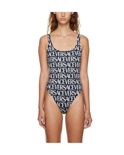 Versace Black Allover Logo Printed Low-Back Swimsuit