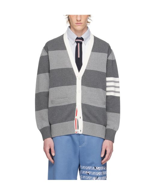 Thom Browne Black Patterned-Intarsia Striped Cardigan for men