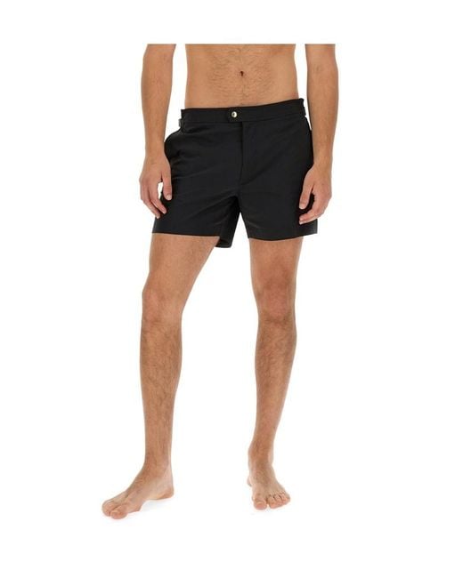 Tom Ford Black Mid-Rise Side Buckled Swim Shorts for men