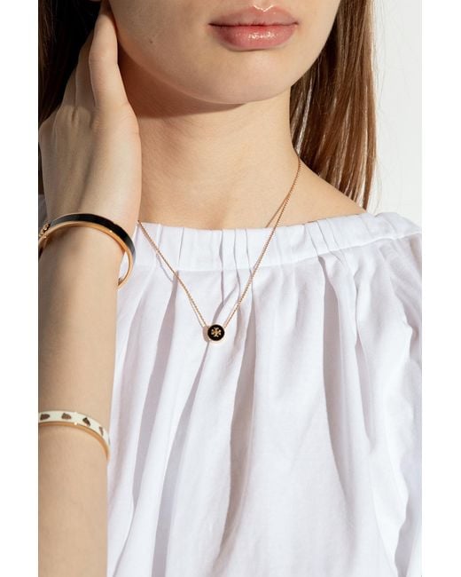 Tory Burch White Kira Logo Pendant Necklace