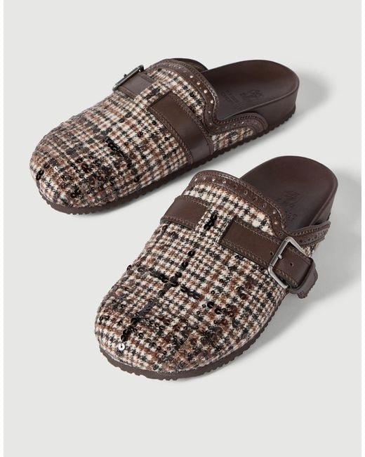 Brunello Cucinelli Brown Water-Resistant Alpaca And Wool Check Slippers With Dazzling Dégradé Embroidery