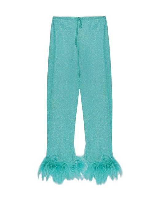 Oseree Blue Feather-Trimmed Straight-Leg Trousers