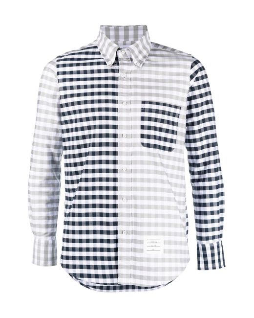 Thom Browne Blue Panelled Gingham Cotton Shirt for men