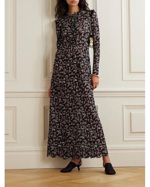 Rabanne Black Pleated Embroidered Lace Dress
