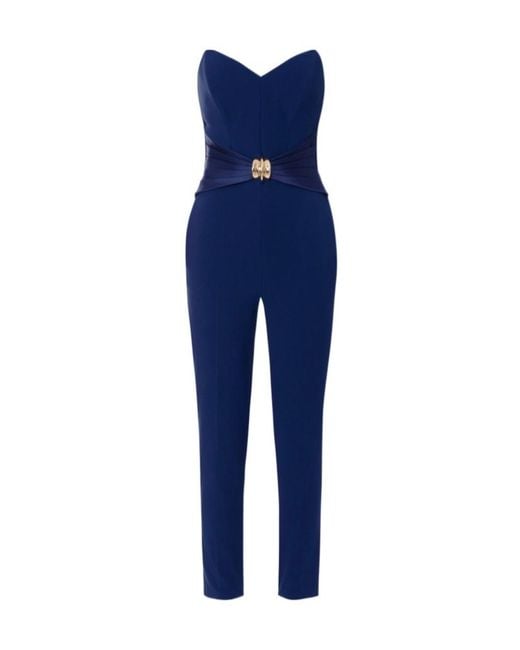 Elisabetta Franchi Blue Flowing Macro Bow Crepe Jumpsuit