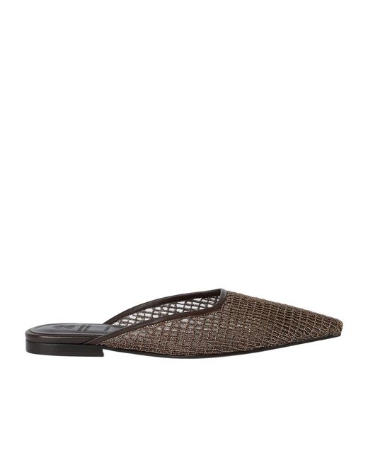 Brunello Cucinelli Brown Square Toe Net-Embroidery Mules