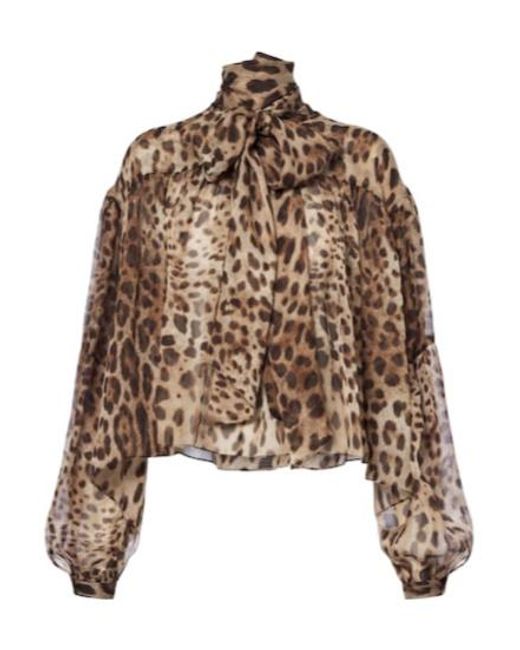 Dolce & Gabbana Brown Leopard-Print Tie-Neck Silk Blouse
