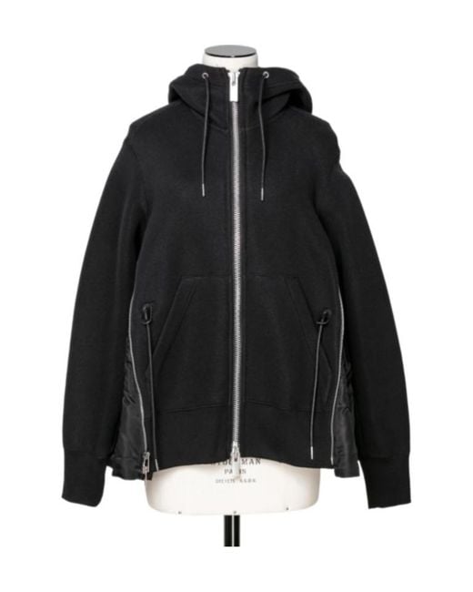 Sacai Black Sponge Drawstring Zip-Up Hoodie