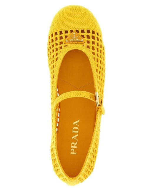 Prada Yellow Triangle-Logo Crochet Ballerinas