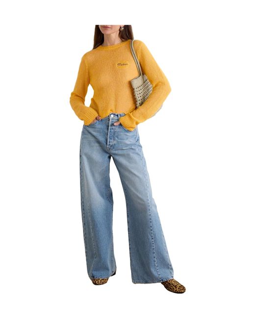 Mother Yellow Embroidered Open-Knit Alpaca-Blend Sweater
