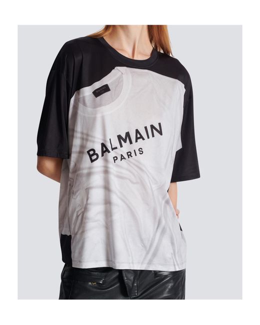 Balmain Gray Loose T-Shirt With Optical Illusion Print