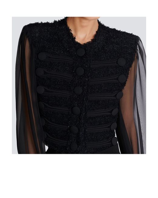 Balmain Black Chiffon-Sleeve Tweed Jacket