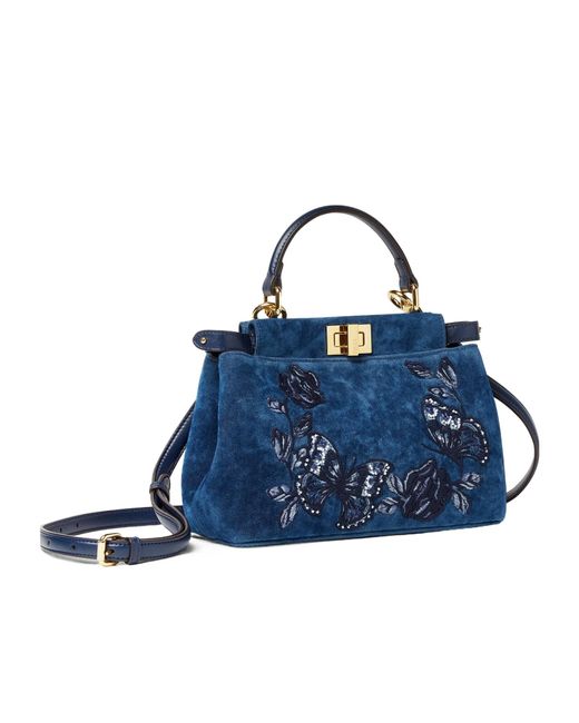 Fendi Blue Mini Peekaboo Floral-Embroidered Denim Tote Bag