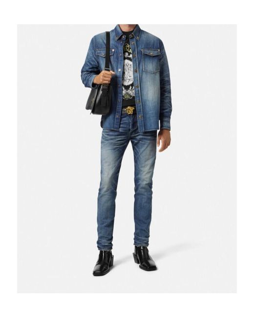 Versace Blue Button-Up Denim Overshirt for men
