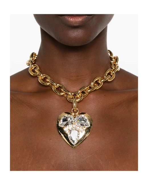 Alessandra Rich Metallic Crystal-Embellished Heart-Pendant Necklace
