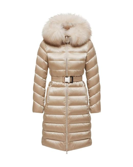 Moncler Natural Leersie Hooded Shearling-Trimmed Long Down Jacket