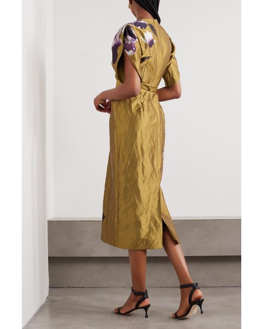 Erdem Metallic Astrea Floral-Print Crinkled-Satin Midi Dress