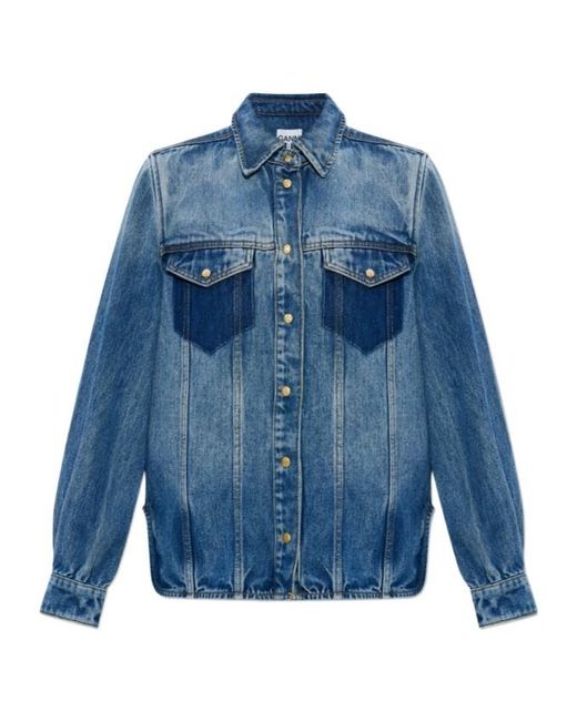 Ganni Blue Collared Long-Sleeved Shirt