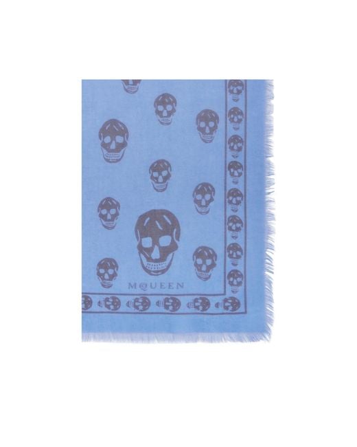 McQueen Blue Classic Skull Printed Frayed-Edeg Scarf for men