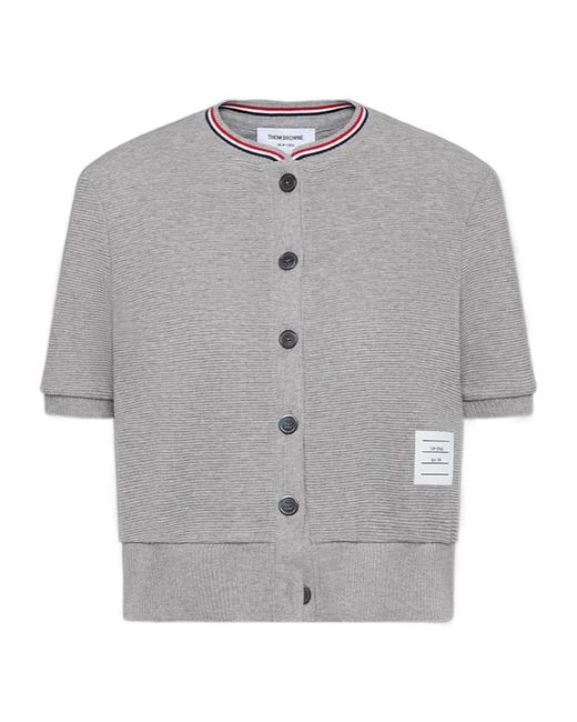 Thom Browne Gray Rwb-Stripe Waffle-Knit Cardigan