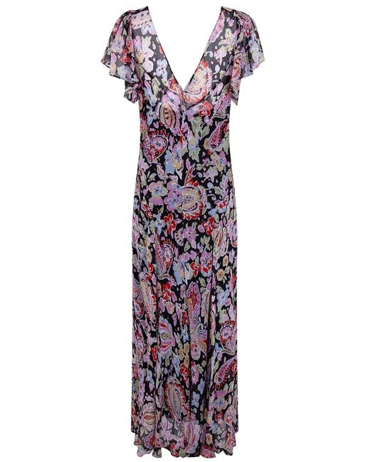 Rixo Purple V-Neck Floral Print Dress
